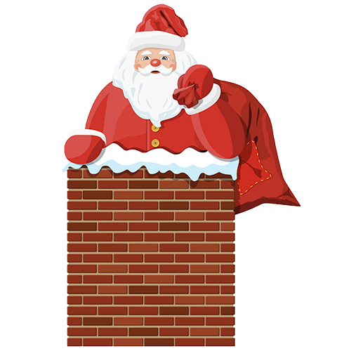 Santa Claus climbing into a chimney with his toy sack.